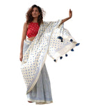 Femori White & Blue Handblock Print Saree With Tassel Pallu, Lightweight Linen Cotton Saree For Women