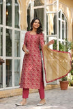 Anni Designer Women'S Cotton Blend Straight Printed Kurta With Pant & Dupatta (Banarsi-Red-Bfv_M_Red_Medium),Red,M,Cotton Blend,Banarsi-Red-BFV057,Kurta, Scarf