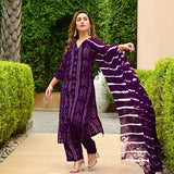 Anni Designer Women'S Rayon Blend Straight Bandhej Printed Kurta With Pant & Dupatta (Baghira Begani_S_Begani_Small),Begani,S,Rayon Blend,Regular,