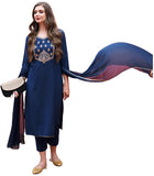 Gosriki Women'S Cotton Blend Embroidered Straight Kurta With Pant & Dupatta (Bgm Navy Blue-Gs_L_Navy Blue_Large),Navy Blue,,B0CHSG1TJ8