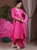Libas Womens Printed Cotton A-Line Kurta With Salwar And Dupatta Pink 2Xl