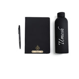 Saanvi Crafts Personalized Black Gift Set With Name | Custom Diary With Metal Name Plate, Matte Black Water Bottle & Pen | Premi