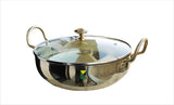 MUKE Brass Kadhai with Glass Lid, Kadai Bowl cookwere Pot Kitchen cookwing Serving (2ltr Karadhi)