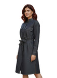 WomenS Denim Shirt Dress Dark Grey Long Sleeve KneeLength Style With Belt, Soft Denim Fabric, ButtonFront Western Dress For