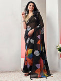 Satrani Womens Georgette Floral Printed Ready To Wear Saree With Unstitched Blouse Piece (4Rs108N_Black6)