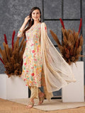 Anni Designer Women'S Cotton Blend Straight Printed Kurta With Pant & Dupatta (Maket Cream_L_Cream_Large),Cream,L,Cotton Blend,Regular,