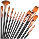 Daksh Creation Store Professional Artist Paint Brush Set, 12 Piece Mixed Nylon Bristle Brushes With Black Handles, Rose Gold Fer