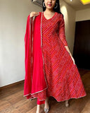 Anni Designer Women'S Rayon Blend Anarkali Printed Kurta With Pant & Dupatta (Migesha Red_M_Red_Medium),Red,M,Rayon Blend,Anarkali,Dupatta