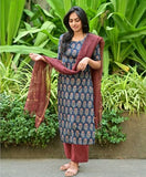 Anni Designer Women'S Cotton Blend Straight Printed Kurta With Pant & Dupatta (Kagni Blue_L_Blue_Large),Blue,L,Cotton Blend,Regular,