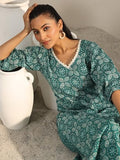 Libas Womens Printed Cotton Straight Kurta With Trousers Teal 2Xl