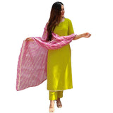 Anni Designer Women'S Cotton Blend Straight Printed Kurta With Pant & Dupatta (Jam001-Light Green_L_Dark Blue_Large),Light Green,L