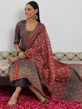 Libas Womens Printed Silk Blend Straight Kurta With Trousers And Dupatta Grey Xl 49136