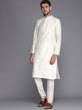 Manyavar Kurta Set For Men, Full Sleeves Mandarin Collar Ethnic Kurta Set For Engagement, Wedding, Party Solid (Off White, M)