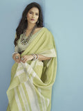 Satrani Womens Cotton Self Woven Saree With Unstitched Blouse Piece (3095S735N_Pista Green & White)
