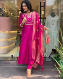 Anni Designer Women'S Rayon Blend Straight Embroidered Kurta With Pant & Dupatta (Kosapet Pink_L_Pink_Large),Pink,L,Rayon Blend,Regular,