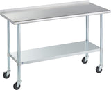 Stainless Steel Table for Prep & Work with Caster & Backsplash 24x60 Inches, NSF Metal Commercial Kitchen Heavy Duty Table with