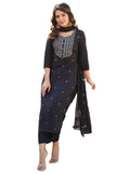 GoSriKi Ladies Cotton Blend Embroidered Straight Kurta with Trousers and Dupatta, Black, S