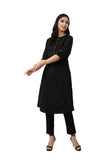 W Black Cotton Blend Solid Straight Long Kurta for Women