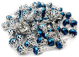 Deep Blue Glass Crystal Beads Rosary Necklace Holy Soil Medal Silver Plated New in Box
