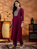 Libas Womens Yoke Design Silk Blend A-Line Kurta With Palazzos And Dupatta Maroon As Shown