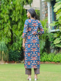 Anni Designer Women'S Cotton Blend Straight Printed Kurta With Pant (Kagali Blue_S_Blue_Small),Blue,S,Cotton Blend,Regular,