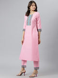 Anni Designer Women'S Cotton Blend Straight Printed Kurta With Pant & Dupatta (Jam001-Pink & Grey_S_Dark Blue_Small),Pink & Grey,S,Cotton Blend,Regular,Dupatta