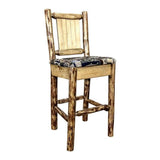 Montana Woodworks Glacier Country Collection Barstool With Upholstered Seat, Woodland Pattern, Laser Engraved Wolf Design, Stain