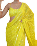 Flosive Women's Thread Sequence Work Georgette Saree With Blouse (LEMON YELLOW)
