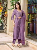 Anni Designer Women'S Rayon Viscose Straight Embroidered Kurta With Pant & Dupatta (Parimala Purple_Xl_Purple_X-Large),Purple,XL,Rayon Blend,Classic,