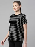 Enamor Athleisure Relaxed Fit Short Sleeve Round Neck Antimicrobial Finish Breathable Stretch Cotton Activewear Sports Tshirt for Women-A3S1 (A3S1_Jet Black Stripe/Be Here Now Graphic_L),Jet Black Stripe/ Be