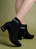 Shoetopia Women'S Black Suede Ankle Boots With Block Heel And Rhinestone Knot Detail||Side Zip Fashion Booties For Fall & Winter Eu41,Black,8,B0DM67SH8Q