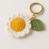 Handmade Crochet Daisy Keychain For Women & Girls | Cute Flower Keyring With Leaf Charm | Soft Wool Knitted Bag Charm | Car, Bik