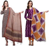 Anni Designer Women'S Cotton Blend Printed Straight Kurta With Pant & Dupatta Pack Of 2 (Combo-Nayantara Black-Mukhi Pink_Xxl_Multi_Xx-Large),Multicolour,2XL