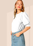 Wedani Women'S Casual Puff Sleeves Round Collor Solid Top (Small White),White,S,Polyester,Regular,