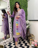 Anni Designer Women'S Rayon Viscose Straight Embroidered Kurta With Pant & Dupatta (Art Purple_L_Purple_Large),Purple,L,,,