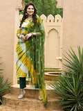 Anni Designer Women'S Cotton Blend Straight Printed Kurta With Pant & Dupatta (Kerul Yellow_Xxl_Yellow_Xx-Large),Yellow,2XL,Cotton Blend,Regular,Dupatta
