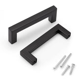 KNOBWELL 6 Pack Black Kitchen Cabinet Pulls, 3-3/4 inch Hole Center Black Square Stainless Steel Dresser Drawer Pulls 4-1/5 Leng