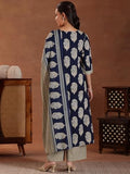 Libas Womens Printed Cotton Straight Kurta With Palazzos And Dupatta Blue L 36916