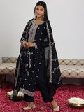 Libas Womens Embroidered Silk Blend Straight Kurta With Trousers And Dupatta Navy Blue 2Xl