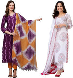 Anni Designer Women'S Cotton Blend Printed Straight Kurta With Pant & Dupatta Pack Of 2 (Combo-Mukhi Pink-Cup-Off White_S_Multi_Small),Multicolour,S