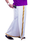 PRAKASAM COTTON White Colour-Gold Jari Border Welcro Pocket Stitched dhoti for mens/Size Hip -44 inches- Length- 42 inches