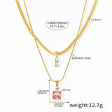 Layered Gold Necklace with Pink Zircon Pendant & Crystal Drop Stainless Steel Adjustable 15.7''+1.9'' Elegant Jewelry for Wom
