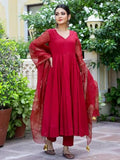 Anni Designer Women'S Cotton Blend Solid Anarkali Kurta With Pant & Dupatta (Magic-Red_Xl_Red_X-Large),Red,XL,Cotton Blend,Anarkali,Dupatta
