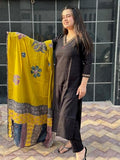 Anni Designer Women'S Cotton Blend Embroidered Straight Kurta With Pant & Dupatta (Fronx Black_Xl_Black_X-Large),Black,XL,,,