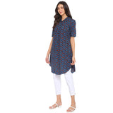 Fabindia Women Cotton Printed Knee Length Kurta Blue_Xl