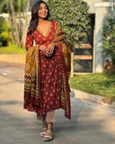 Anni Designer Women'S Rayon Blend Anarkali Printed Kurta With Pant & Dupatta (Nirmal Maroon_S_Maroon_Small),Maroon,S,Rayon Blend,Anarkali,