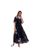 SMOWKLY Women's Georgette Floral Printed Indo-Western Ethnic Gown || Half Sleeve V Neck Fit & Flare Flared Hem Design || Casual