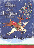 Designer Greetings Brown and White Jumping Reindeer : Blue Swirling Snow Christmas Card for Son and DaughterinLaw