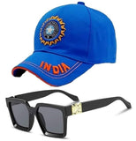 Fy Lane Team India Cricket Cap With Sunglasses Combo Set, Bcci Logo Baseball Cap In Blue, Black Square Frame Sunglasses