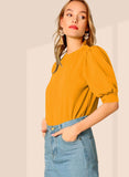 Wedani Women'S Casual Puff Sleeves Round Collor Solid Top (Medium Mustard),Mustard,M,Polyester,Regular,